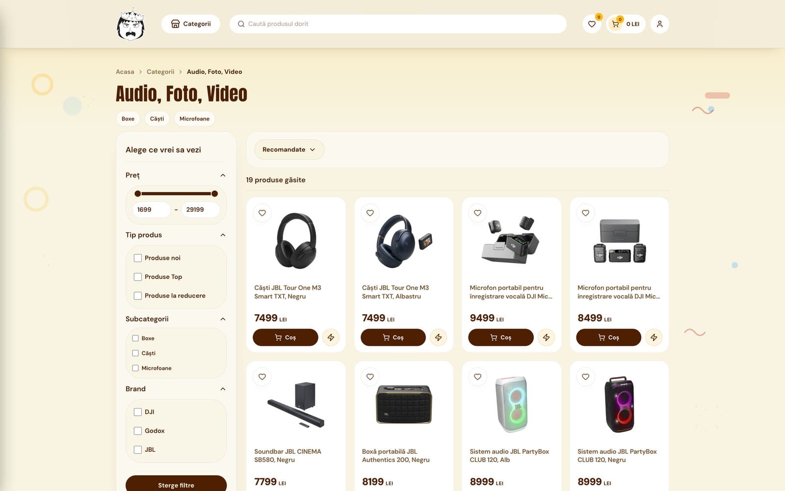 O categorie cu filtre pe preț, tip, subcategorie și brand